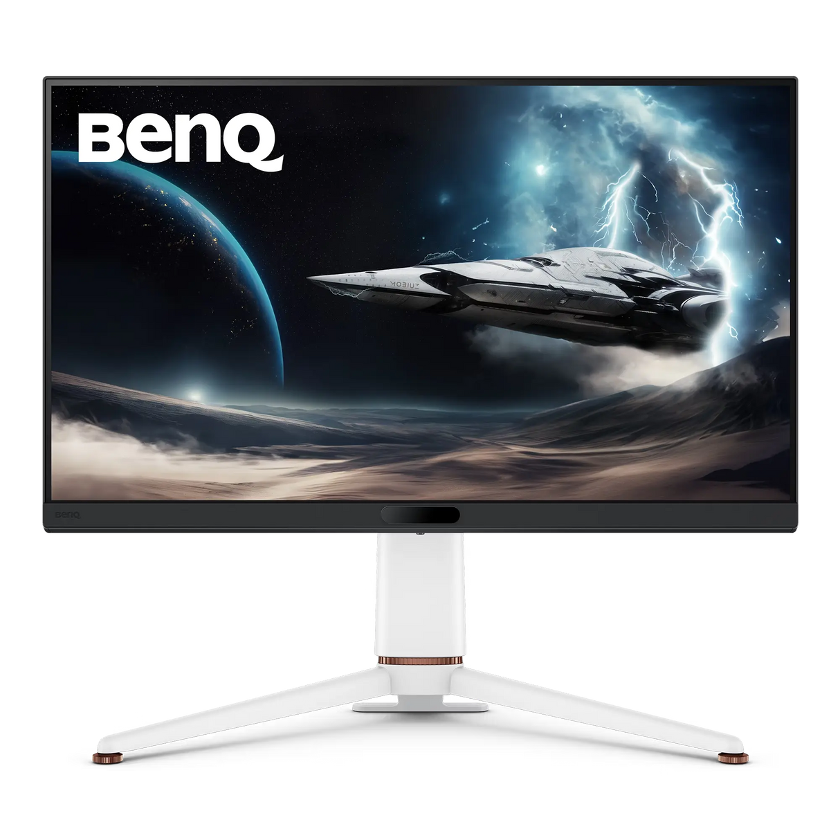 BenQ monitor with space-themed wallpaper on a white background