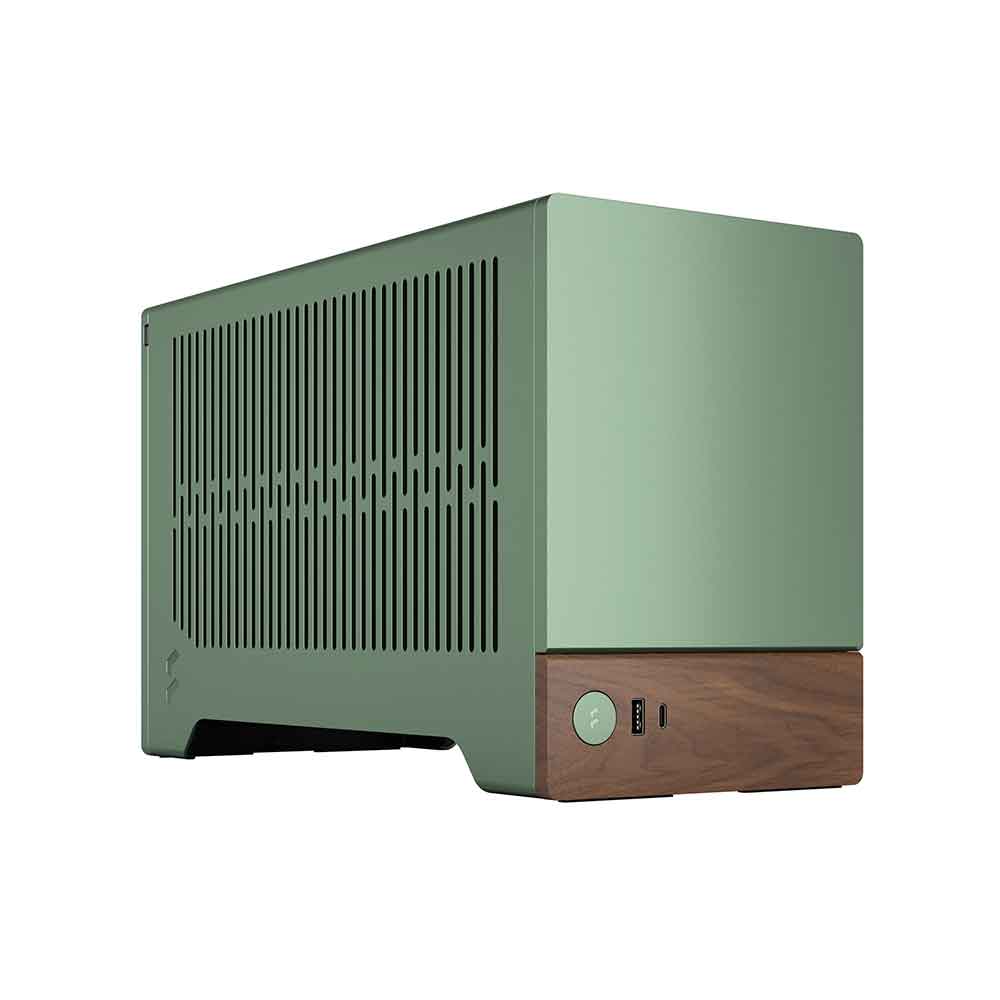 Green electronic device with wooden base on a white background