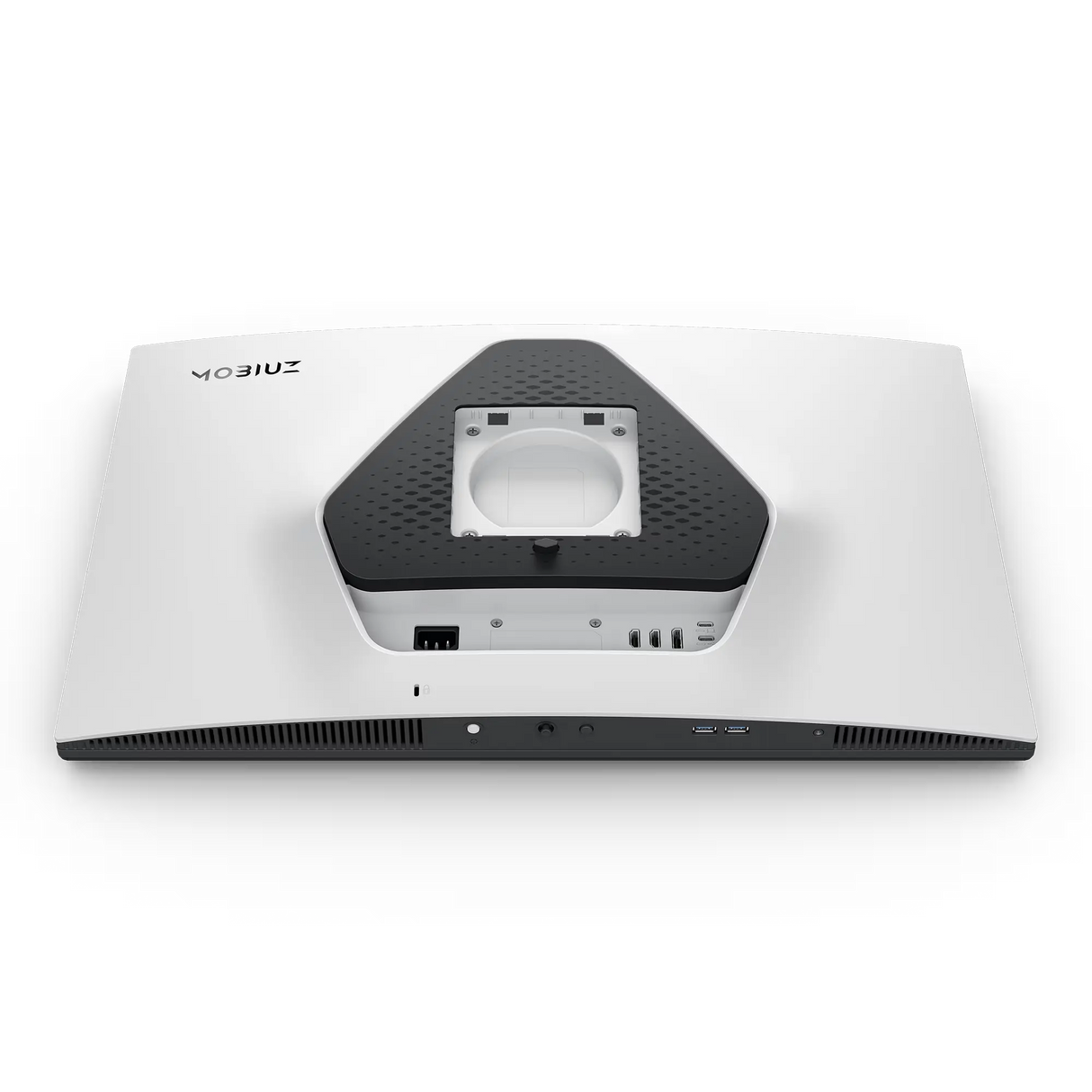 Back view of a white electronic device with black accents on a white background