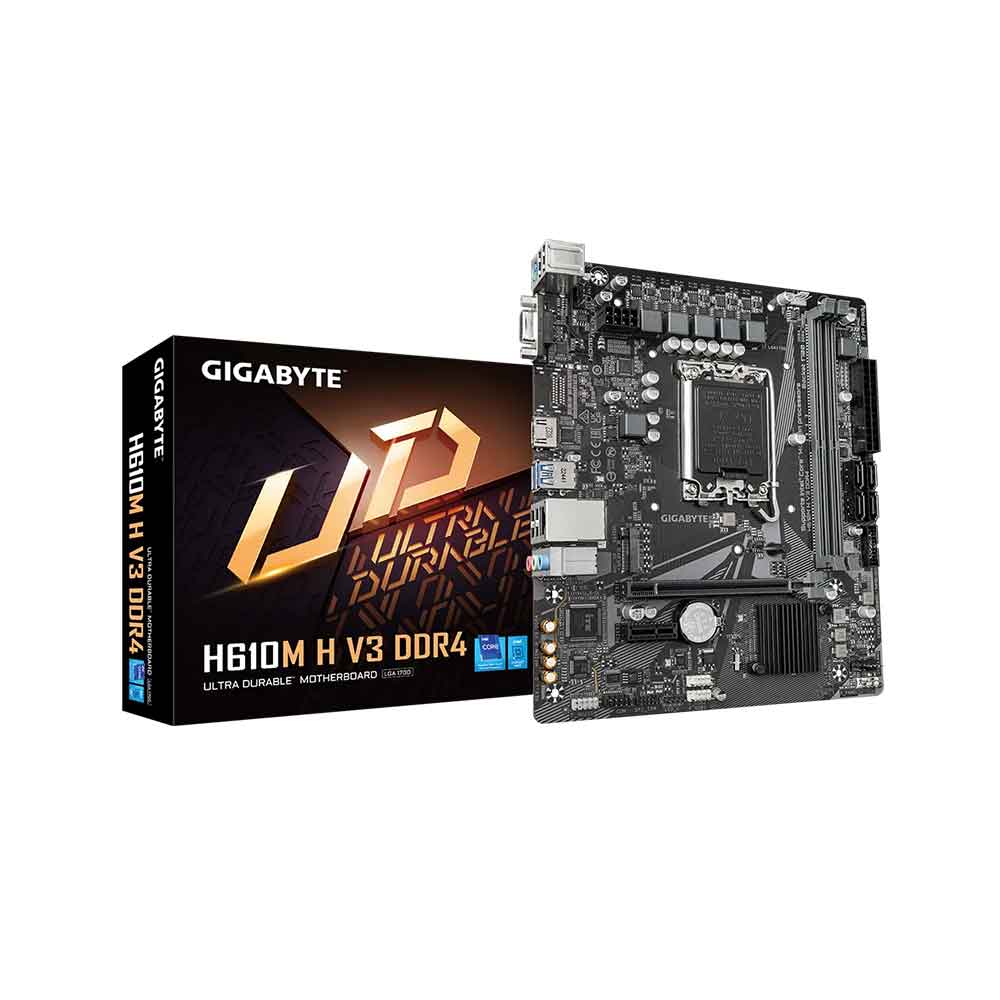لوحة أم Gigabyte H610M H V3 DDR4 - تدعم وحدات المعالجة المركزية Intel Core 14th، و4+1+1 Hybrid Phases Digital VRM، وذاكرة DDR4 بسرعة تصل إلى 3200 ميجاهرتز، ومنفذ PCIe 3.0 M.2، ومنفذ USB 3.2 Gen 1