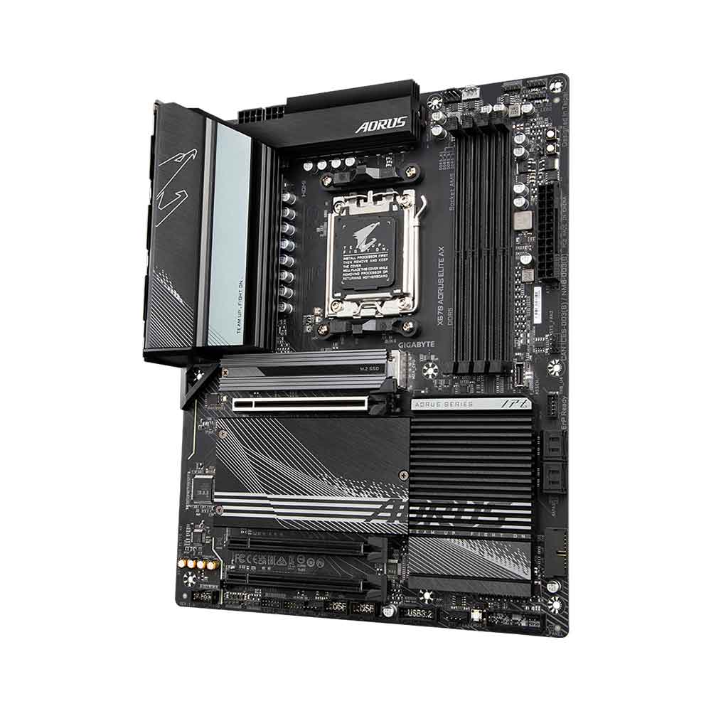 لوحة أم GIGABYTE X670 AORUS ELITE AX rev.1.0 AM5 ATX مزودة بشريحة AMD X670، وذاكرة DDR5 DIMM مزدوجة القناة، وذاكرة بحد أقصى 128 جيجابايت، وشبكة Wi-Fi 6E، وشبكة LAN 2.5GbE، ومنفذ PCI Express x16، ومنفذ M.2، ومنفذ HDMI واحد