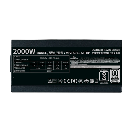مروحة Cooler Master M2000 Platinum ATX كاملة الوحدات 230 فولت 2000 واط 80 Plus Platinum 135 مم FDB عالية الكفاءة