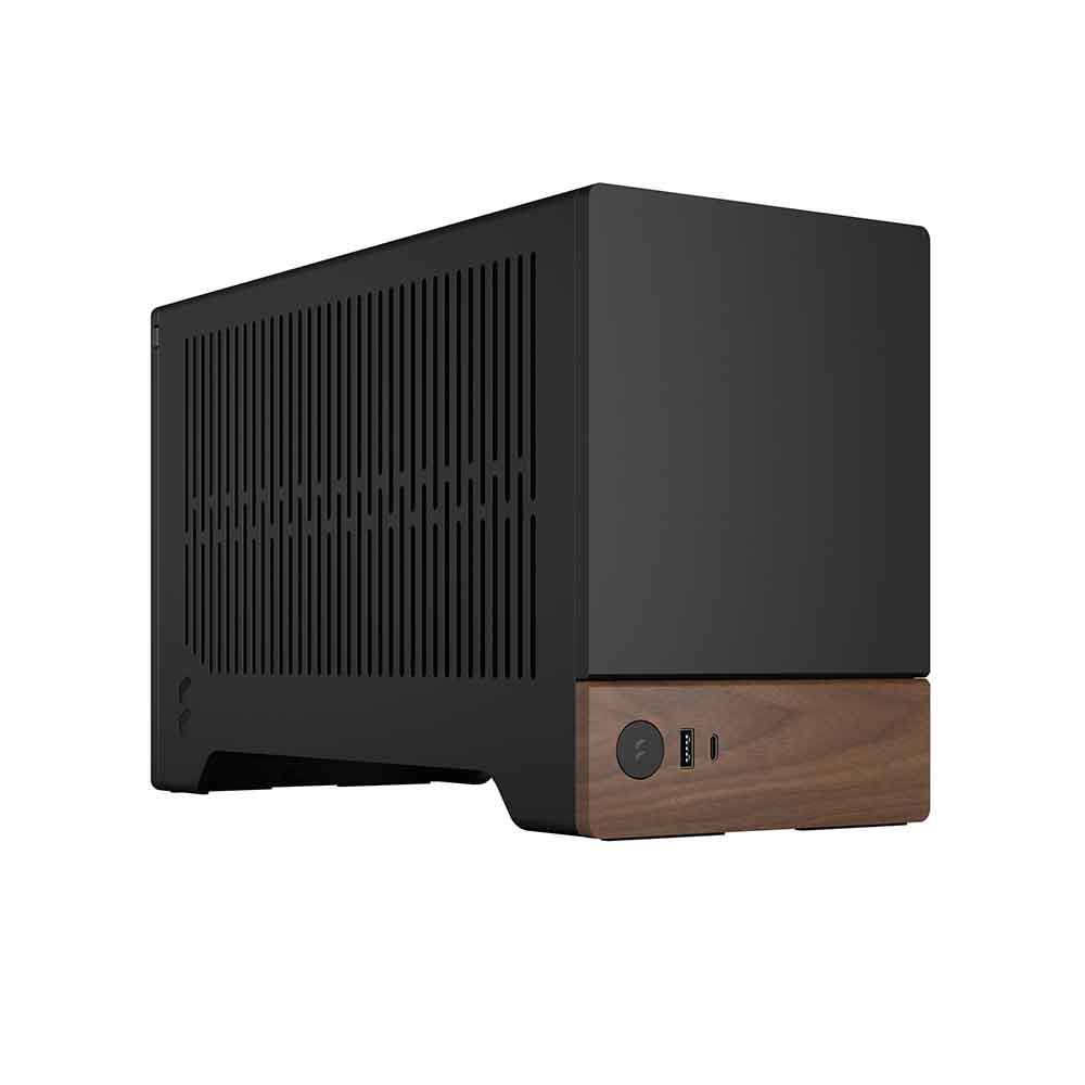 Black and wood grain electronic device on a white background