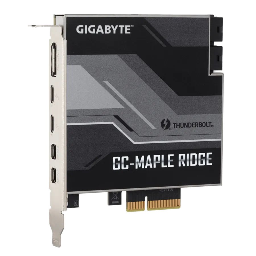GIGABYTE GC-MAPLE RIDGE Intel Thunderbolt 4 JHL 8540 Controller 2x USB Type-C 1x DisplayPort 1.4 2x Mini DisplayPort Max Bandwidth 40 Gb/s PCIe Card
