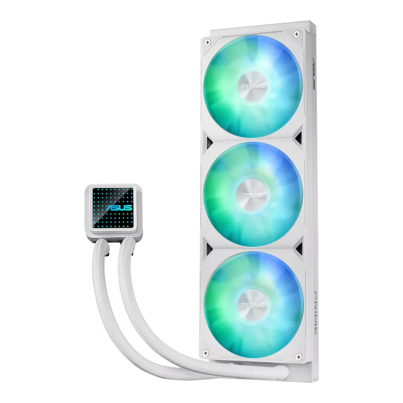 ASUS Prime LC 360 ARGB White Edition all-in-one CPU liquid cooler with vast CPU contact area and finned channels, water block with infinity mirror lens options integrated ARGB fans and Aura lighting