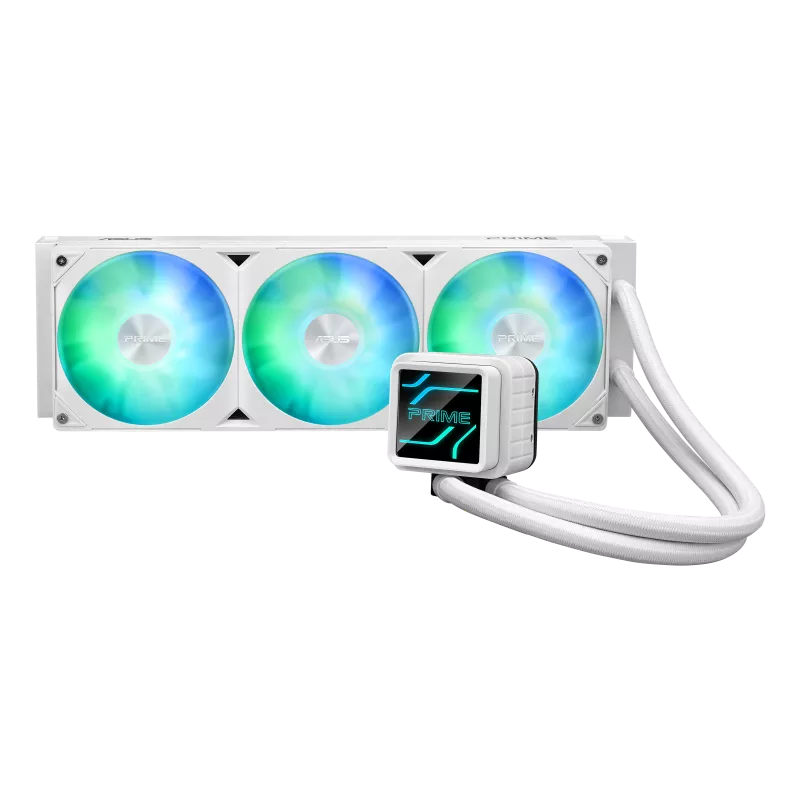 ASUS Prime LC 360 ARGB White Edition all-in-one CPU liquid cooler with vast CPU contact area and finned channels, water block with infinity mirror lens options integrated ARGB fans and Aura lighting