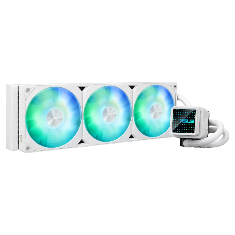 ASUS Prime LC 360 ARGB White Edition all-in-one CPU liquid cooler with vast CPU contact area and finned channels, water block with infinity mirror lens options integrated ARGB fans and Aura lighting