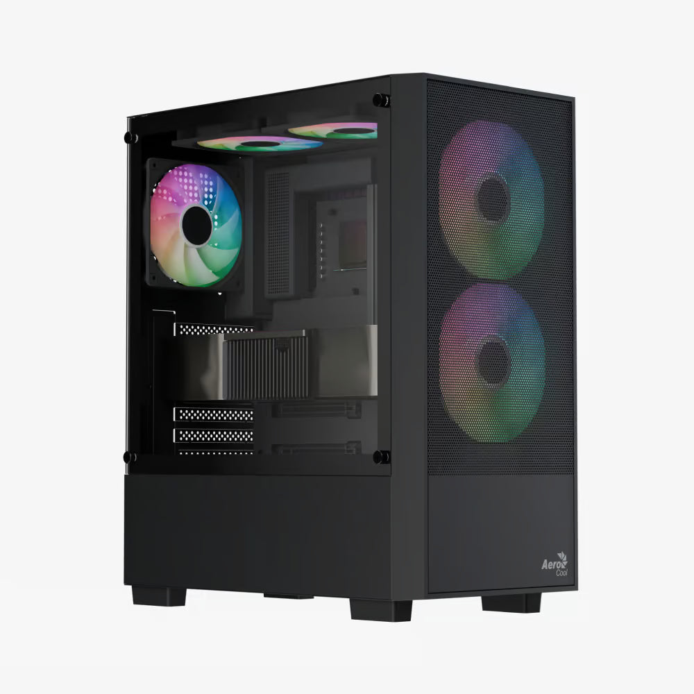 Black computer case with RGB lighting on a white background