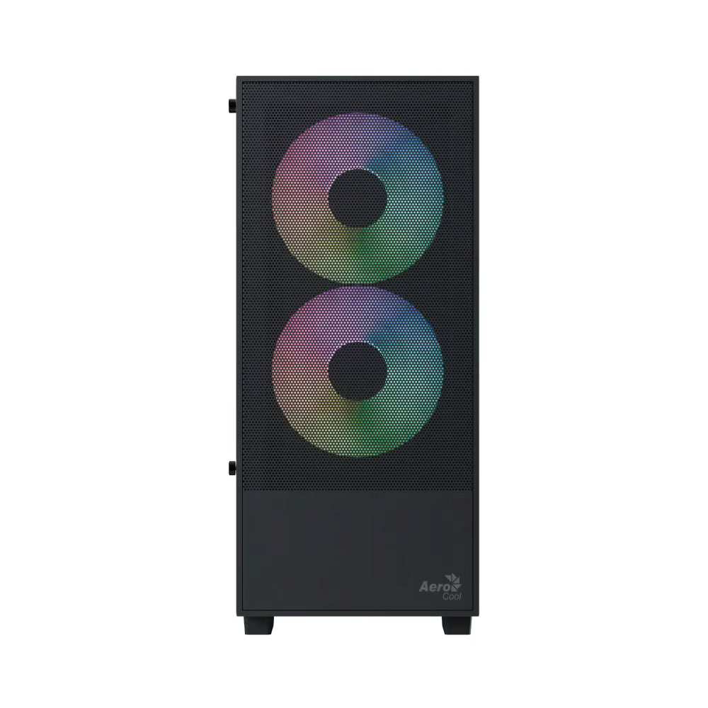 Black computer case with RGB lighting on a white background