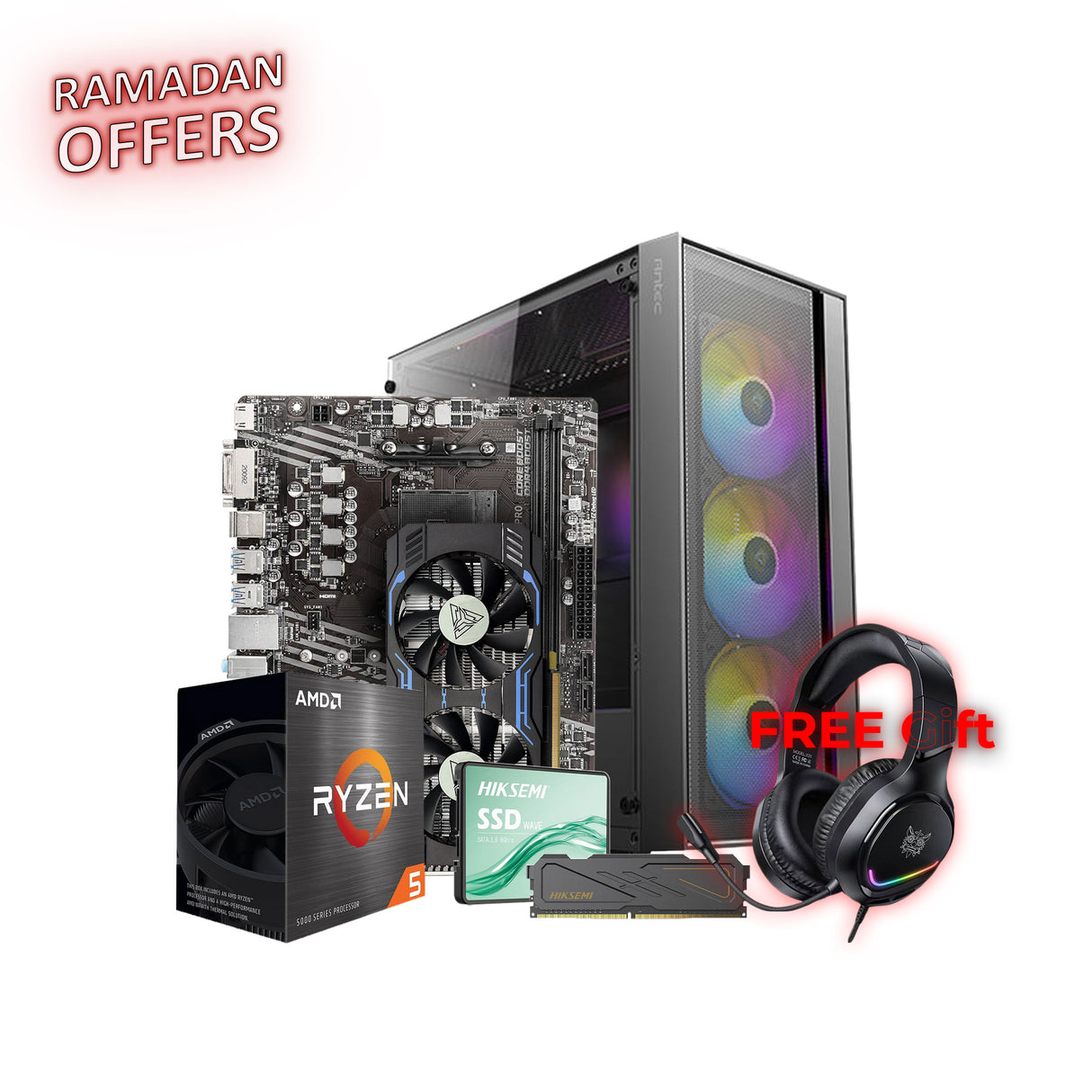 Computer hardware components with AMD Ryzen branding and a free gift offer on a white background.