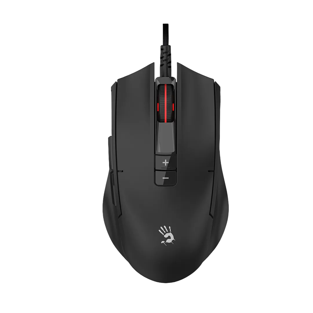 Black gaming mouse with a visible brand logo on a white background