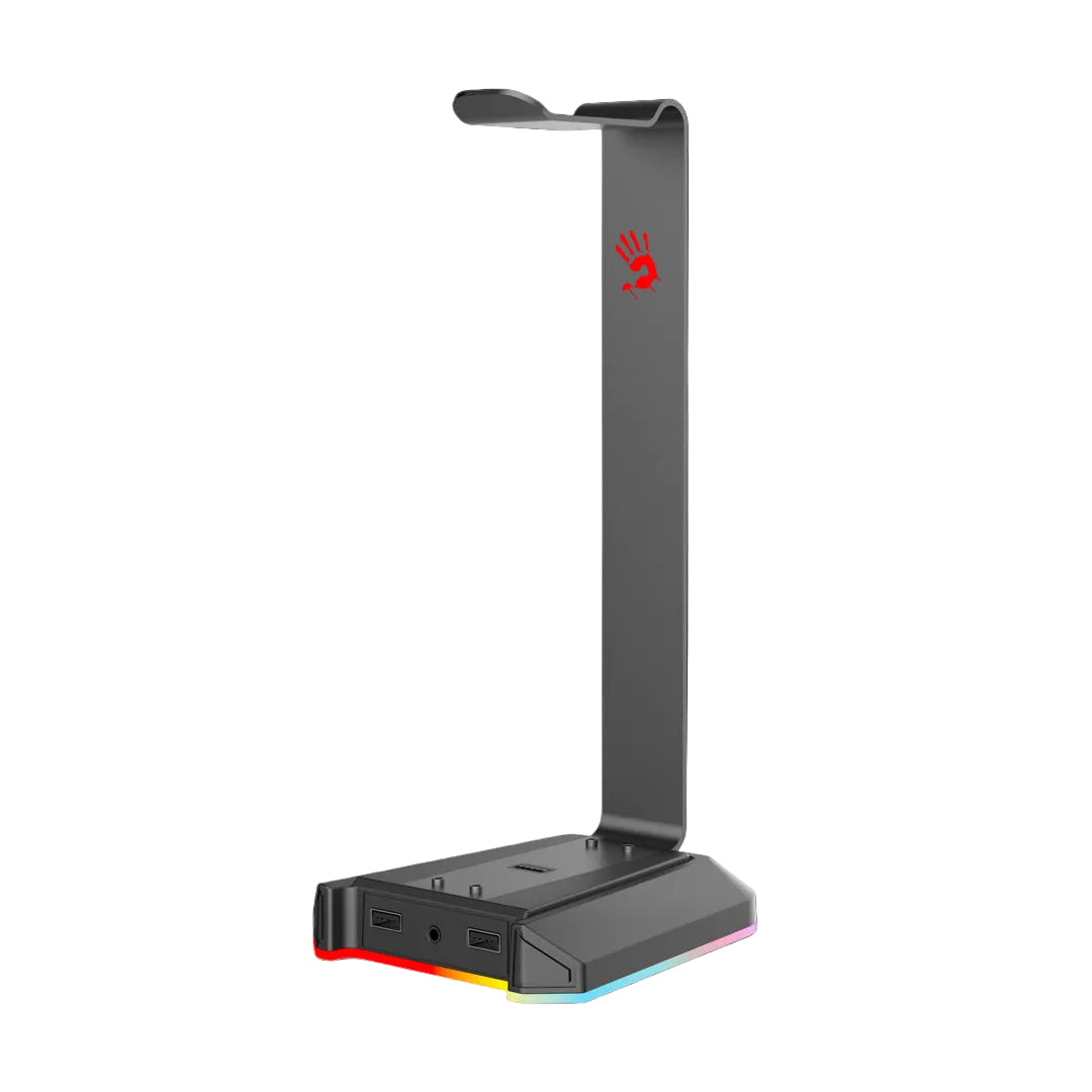 Gaming headset stand with RGB lighting on a black background