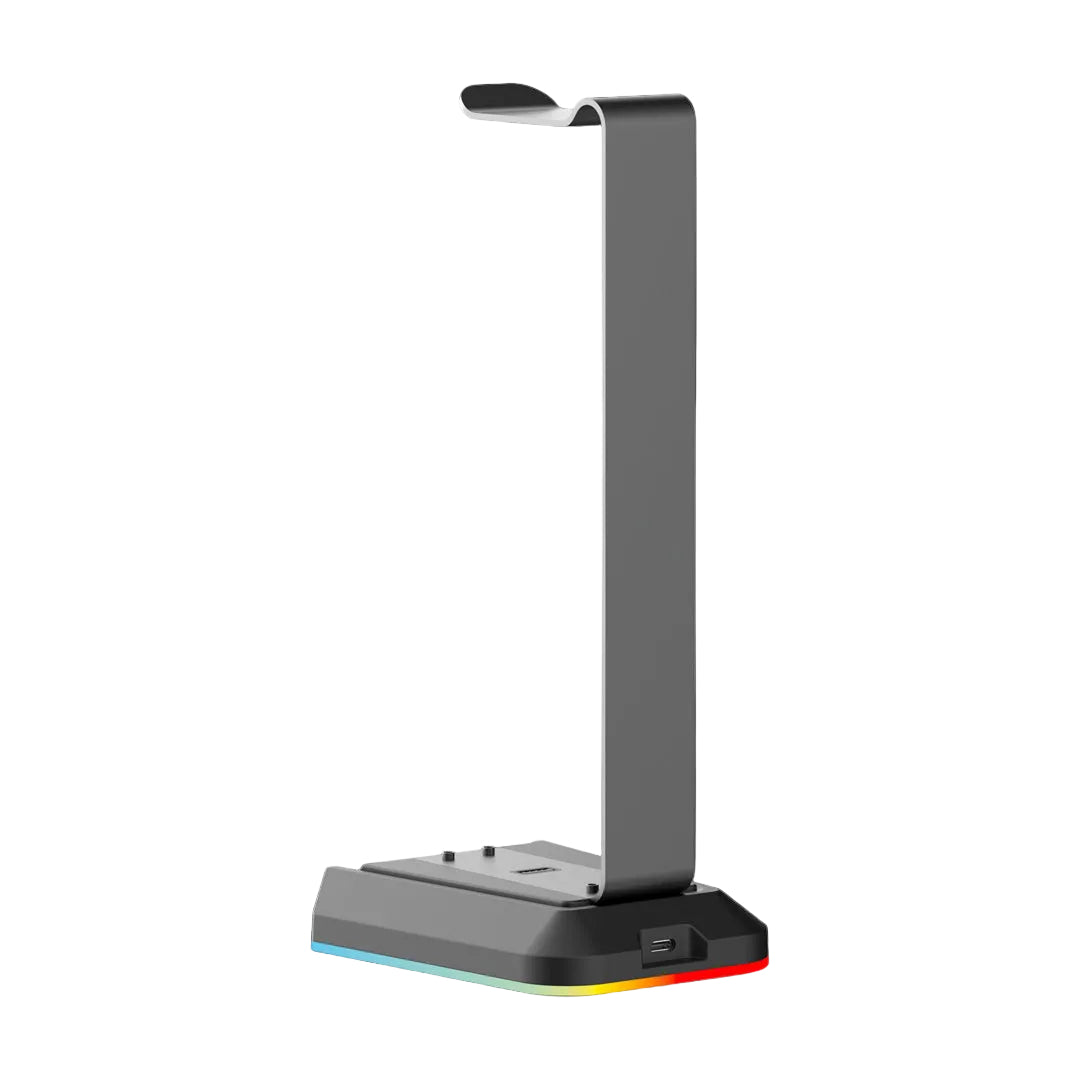 Gaming headset stand with RGB lighting on a black background