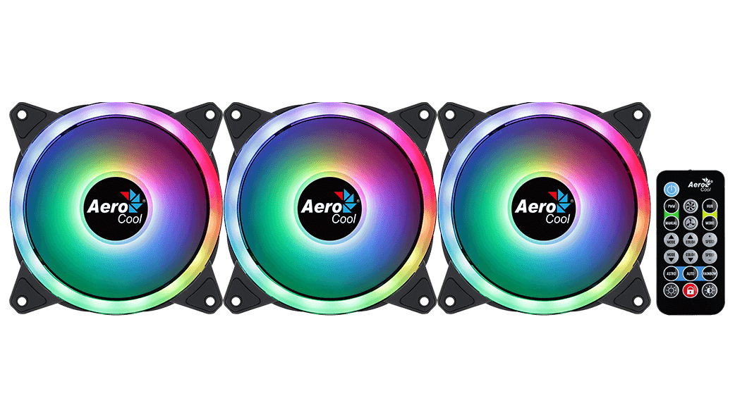 Three AeroCool RGB fans with a remote control on a black background