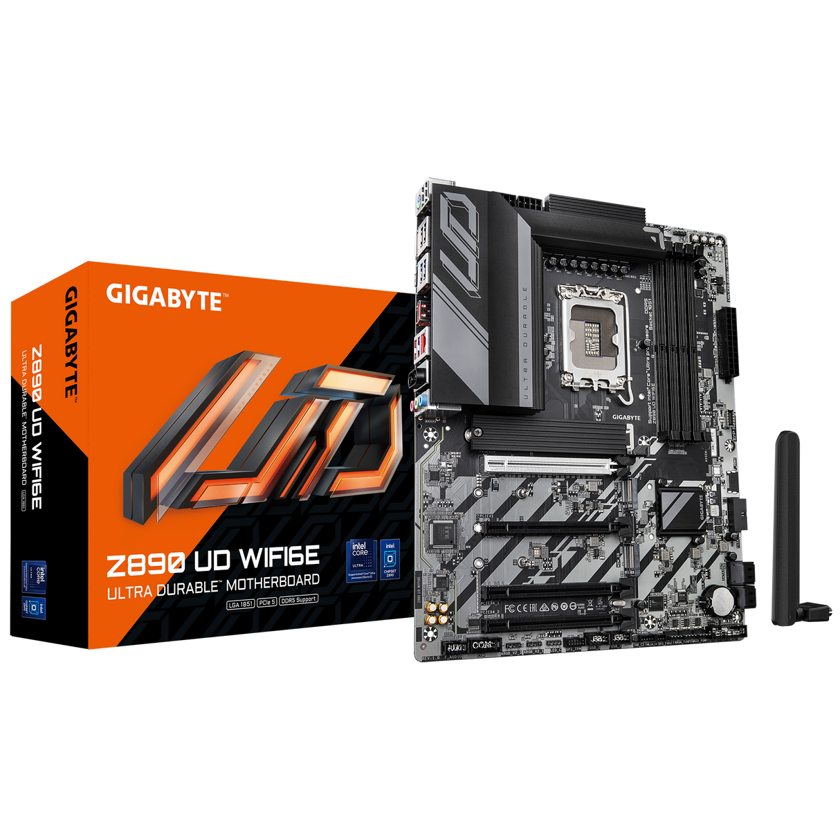 Gigabyte Z890 UD WIFI6E motherboard with packaging on a white background