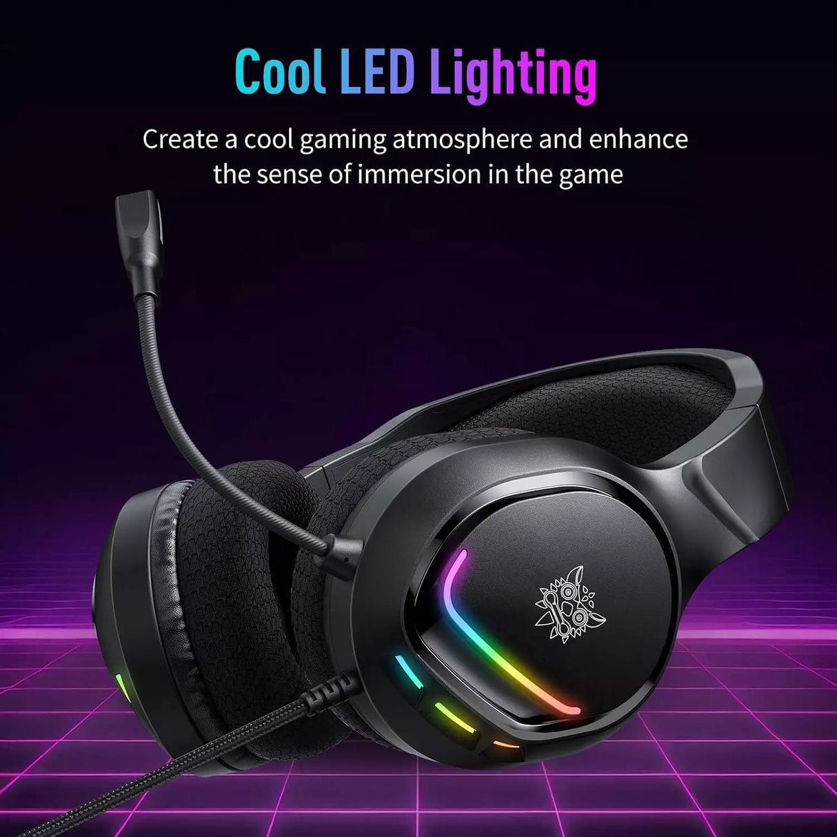 Gaming headset with RGB lighting on a dark background