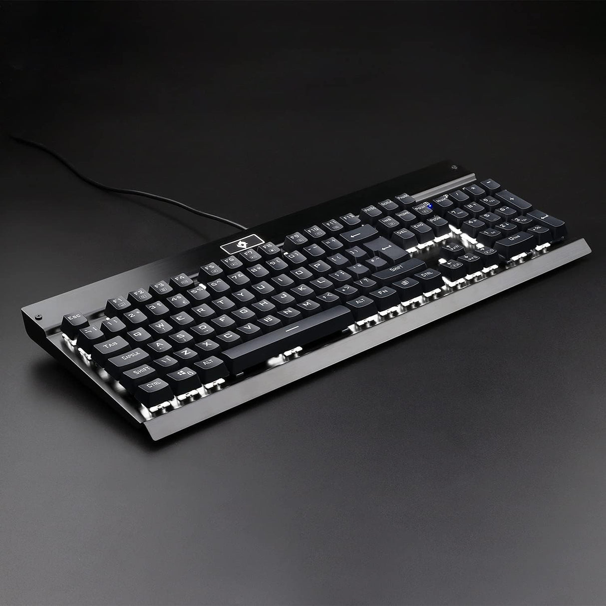Mechanical keyboard with backlit keys on a dark background