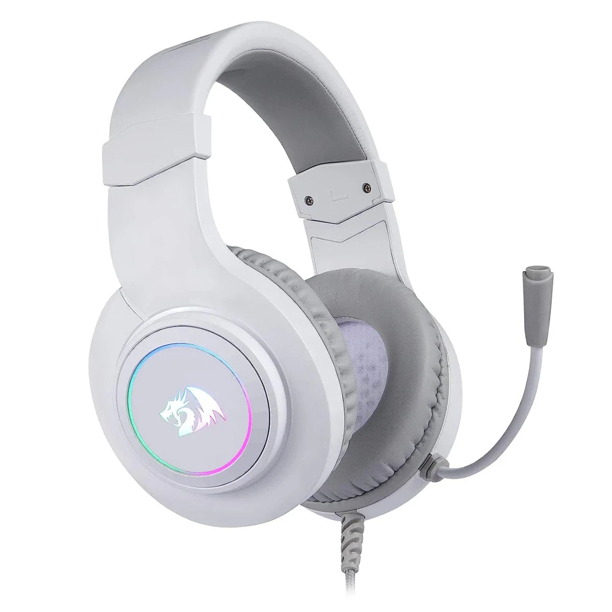 White gaming headset with RGB lighting on a white background
