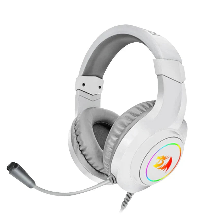 White gaming headset with RGB lighting on a white background