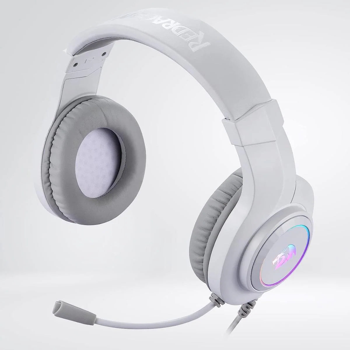 White gaming headset with RGB lighting on a light gray background