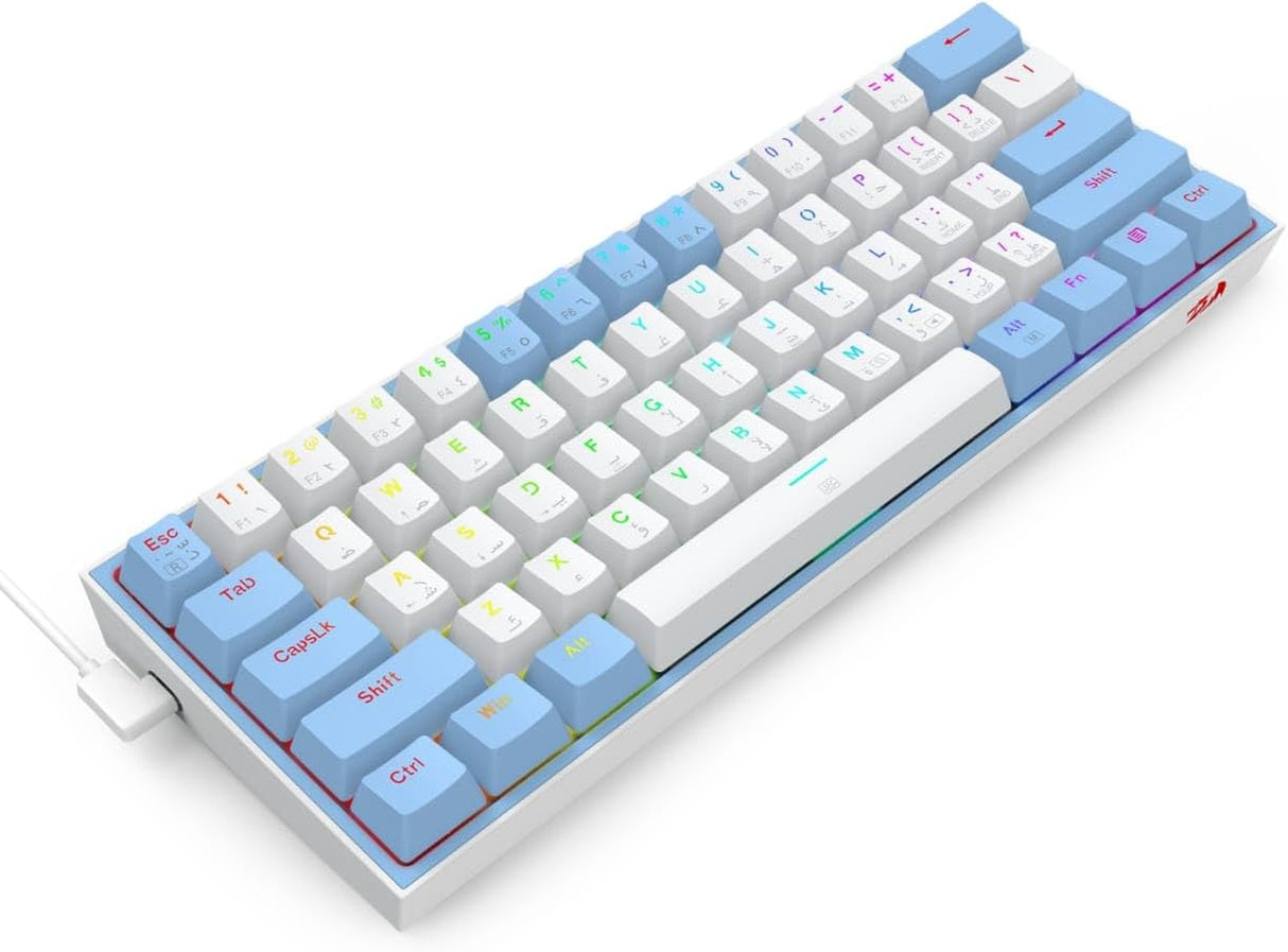 Redragon K617WB-RGB Fizz White/Blue Compact 60% Mechanical Gaming Keyboard – Red Switches, RGB Lighting, Full Anti-Ghosting, USB-C Connectivity