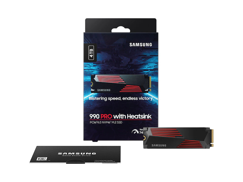 Samsung 990 PRO with Heatsink SSD packaging and product on a white background