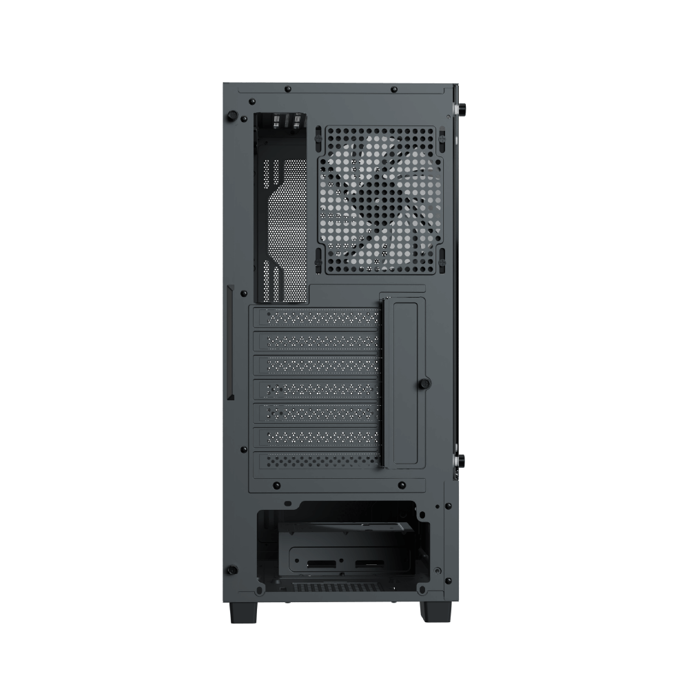 Computer case with a fan on a black background