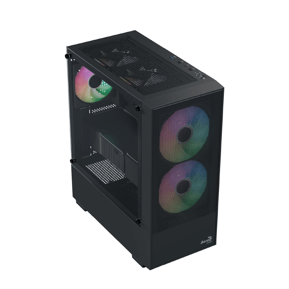 Computer case with RGB lighting on a black background