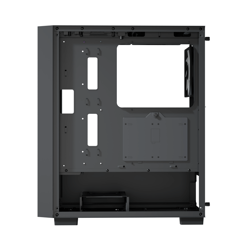 Computer case without a side panel on a black background