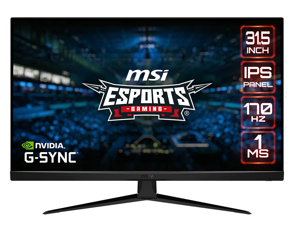 Gaming monitor with MSI Esports and NVIDIA G-SYNC branding on a blurred sports arena background.