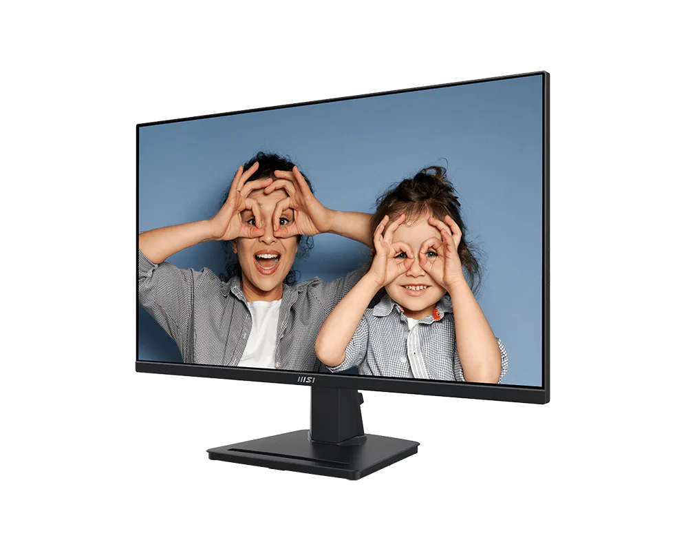 Monitor displaying two people making a 'see no evil' gesture with their hands.