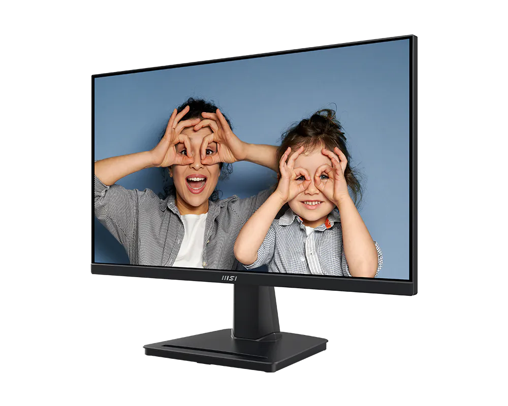 Monitor displaying two children making eye shapes with their hands on a blue background
