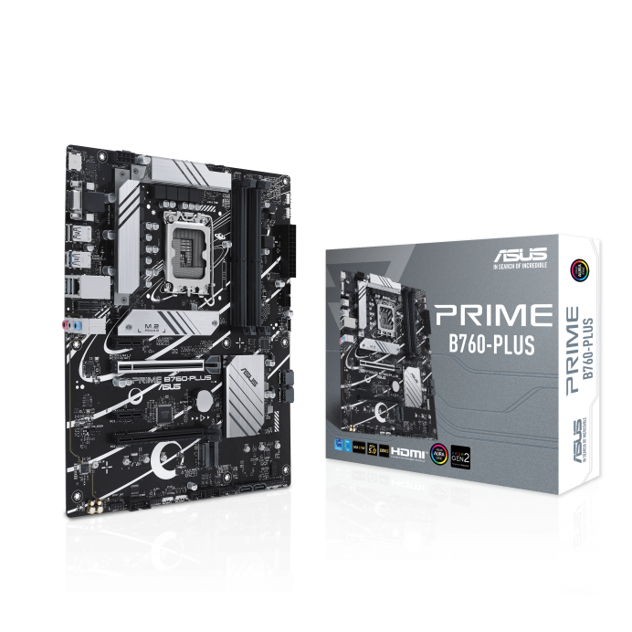 ASUS Prime B760-PLUS LGA 1700 ATX motherboard with PCIe 5.0 three PCIe 4.0 M.2 slots, DDR5, Realtek 2.5Gb Ethernet, DisplayPort, VGA, HDMI™, SATA 6 Gbps, USB 3.2 Gen 2x2 Type-C front USB 3.2 Gen 1 Type-C Thunderbolt (USB4) support Aura Sync