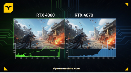 RTX 4060 and RTX 4070 graphics cards shown side by side. Gaming benchmark comparison displayed on screen. FPS numbers visible for 1080p and 1440p gaming. Focus on performance difference between both GPUs.
