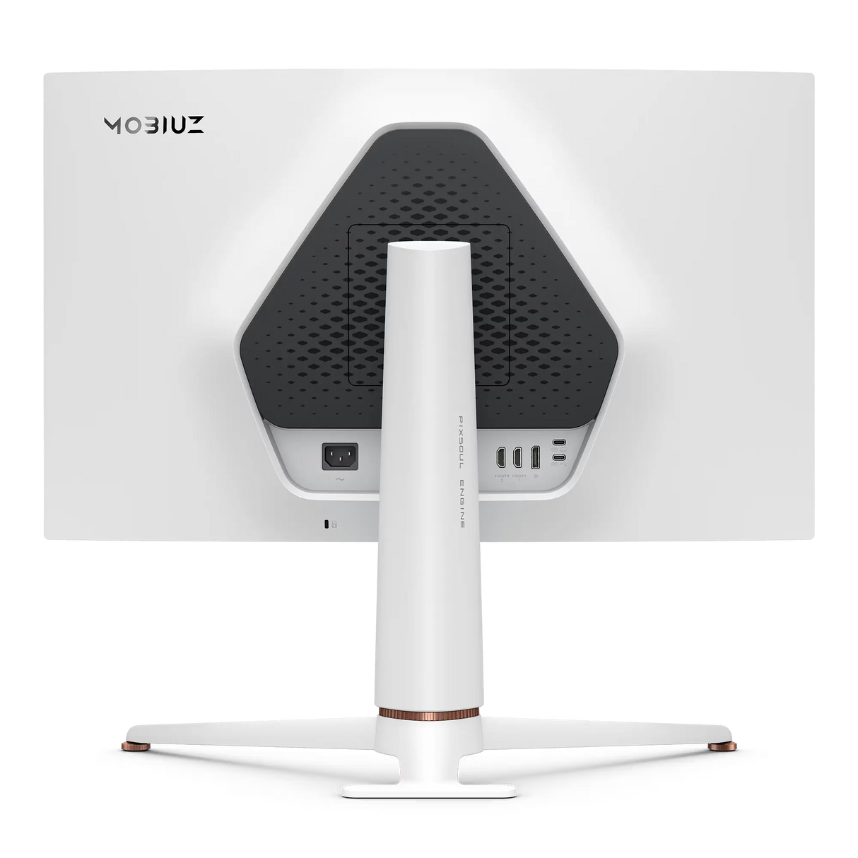 Computer monitor with a white stand and MOBIUZ branding on a light gray background