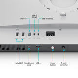 Back view of a electronic device with labeled ports and buttons