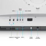 Back view of a electronic device with labeled ports and buttons