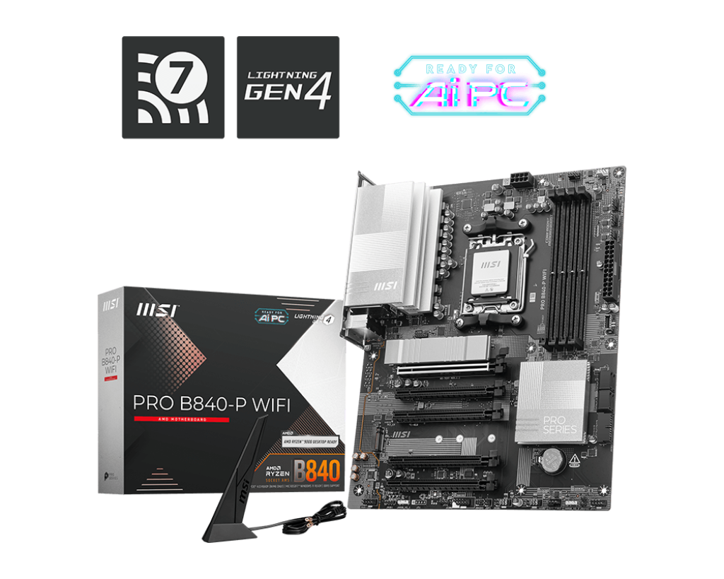 MSI PRO B840-P WiFi Motherboard, ATX - Supports AMD Ryzen 9000/8000 / 7000 Processors, AM5 - DDR5 Memory Boost (8000+ MT/s OC), PCIe 4.0 x16, M.2 Gen4, Wi-Fi 7, 2.5G LAN