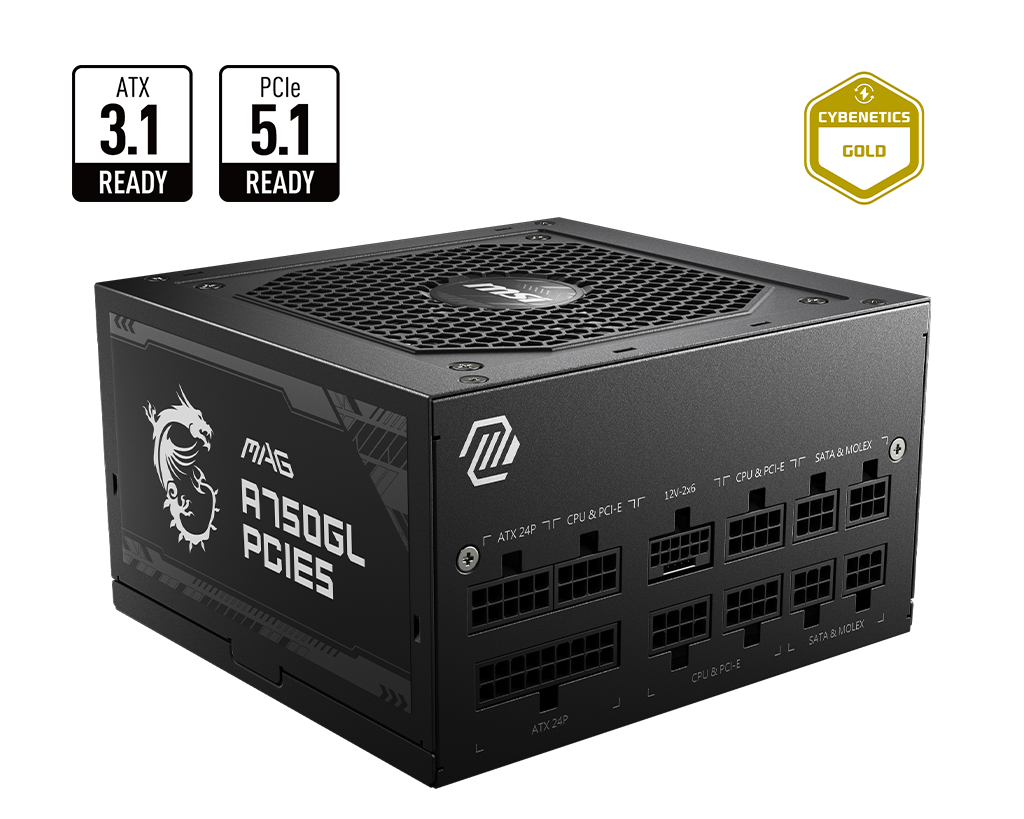 MSI MAG A750GL PCIE5 750W 80 Gold Full Modular ATX 3.1 PCIe 5.1 16 دبوسًا 450 واط 120 مم FDB مروحة
