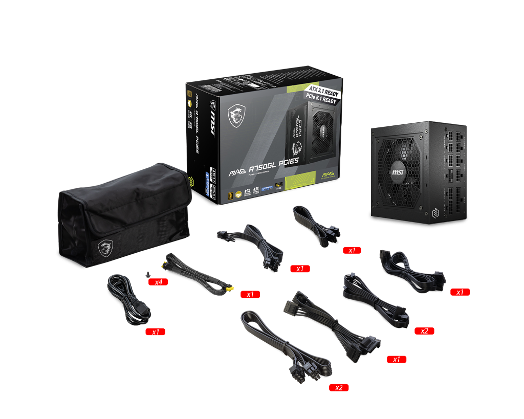 MSI MAG A750GL PCIE5 750W 80 Gold Full Modular ATX 3.1 PCIe 5.1 16 دبوسًا 450 واط 120 مم FDB مروحة