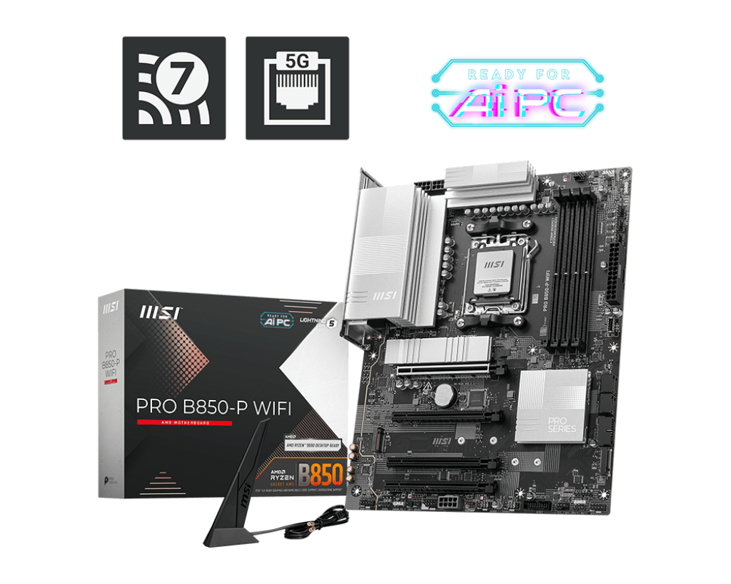 MSI PRO B850-P WiFi Motherboard, ATX - Supports AMD Ryzen 9000/8000 / 7000 Processors, AM5 - DDR5 Memory Boost (8200+ MT/s OC), PCIe 5.0 x16 & 4.0 x16, M.2 Gen5, Wi-Fi 7, 5G LAN