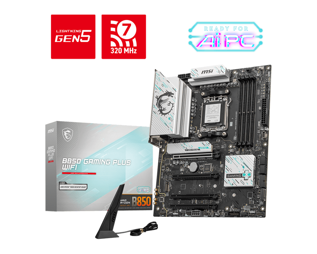MSI B850 GAMING PLUS WIFI Motherboard – AMD Ryzen™ 9000/8000/7000 Series, DDR5 up to 8200+ MT/s (OC), 12+2+1 Power Design, Frozr Guard Cooling, PCIe 5.0, Wi-Fi 7, 5G LAN, Audio Boost, and EZ DIY Features for High-Performance Gaming