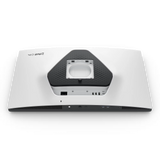 Back view of a white electronic device with black accents on a white background