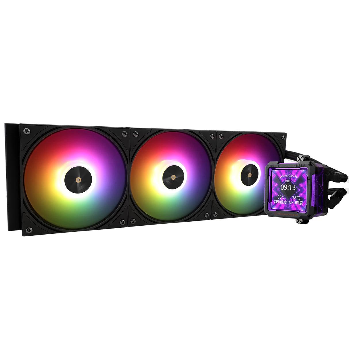 مبرد سائل وحدة المعالجة المركزية Thermalright Hydro Cooling Frozen Warframe PRO 360 BLACK ARGB Black-360mm AIO، شاشة IPS LCD بدقة 320 * 320، متوافق مع AM4/AM5/Intel LGA1700/1851، شاشة LCD ماصة للمغناطيس مقاس 2.73 بوصة للصور
