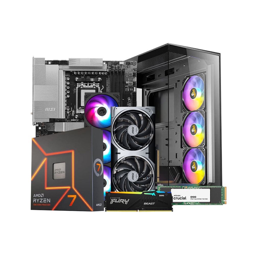 Computer hardware components including a motherboard, CPU cooler, and RAM on a white background