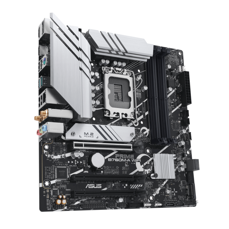 ASUS PRIME B760M-A WIFI (LGA 1700) mATX mortheboard with PCIe 4.0, DDR5, two M.2 slots, Realtek 2.5Gb Ethernet, Wi-Fi 6, DisplayPort, Dual HDMI™, SATA 6 Gbps, rear USB 3.2 Gen 2, front USB 3.2 Gen 1 Type-C®, Aura Sync