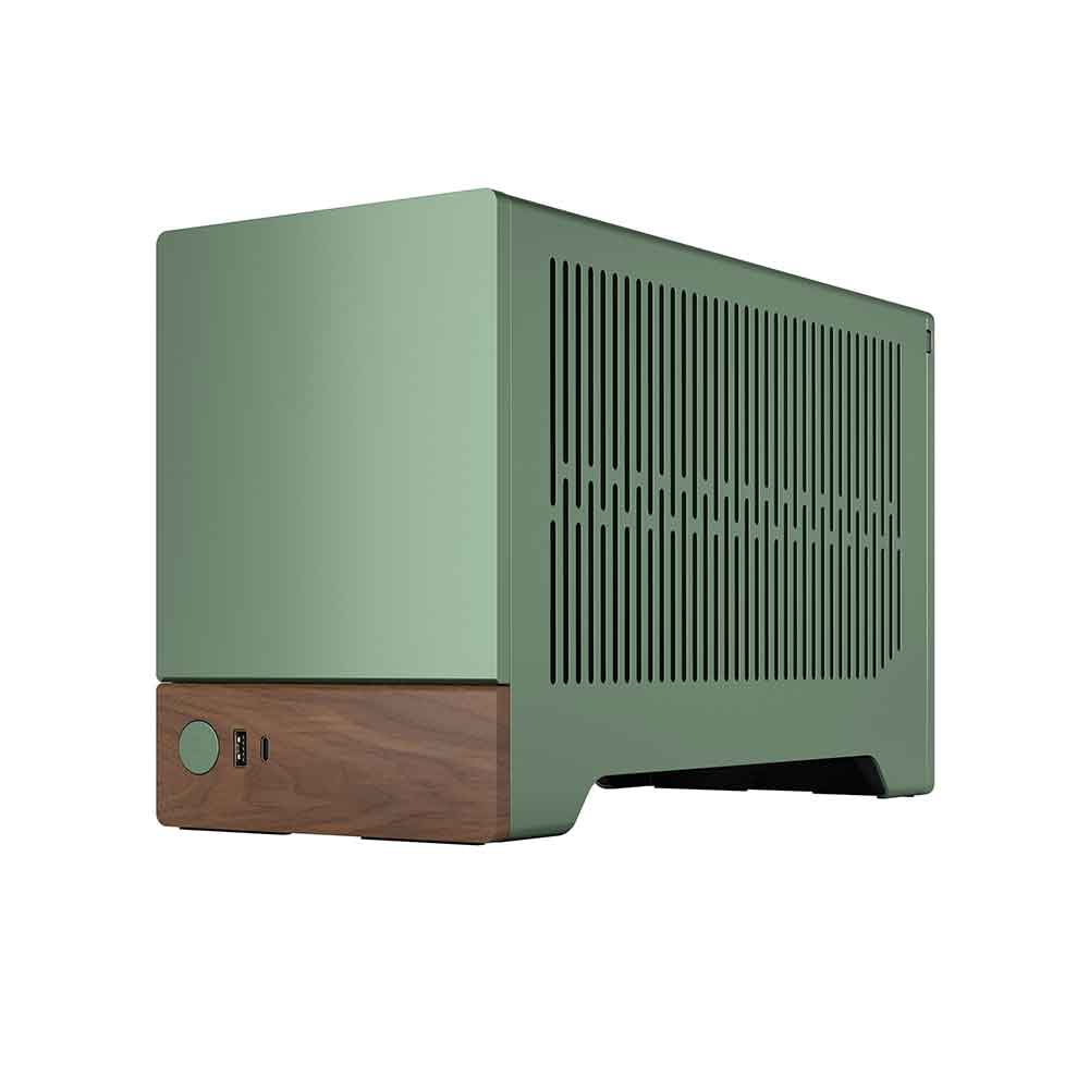 Green and brown electronic device on a white background