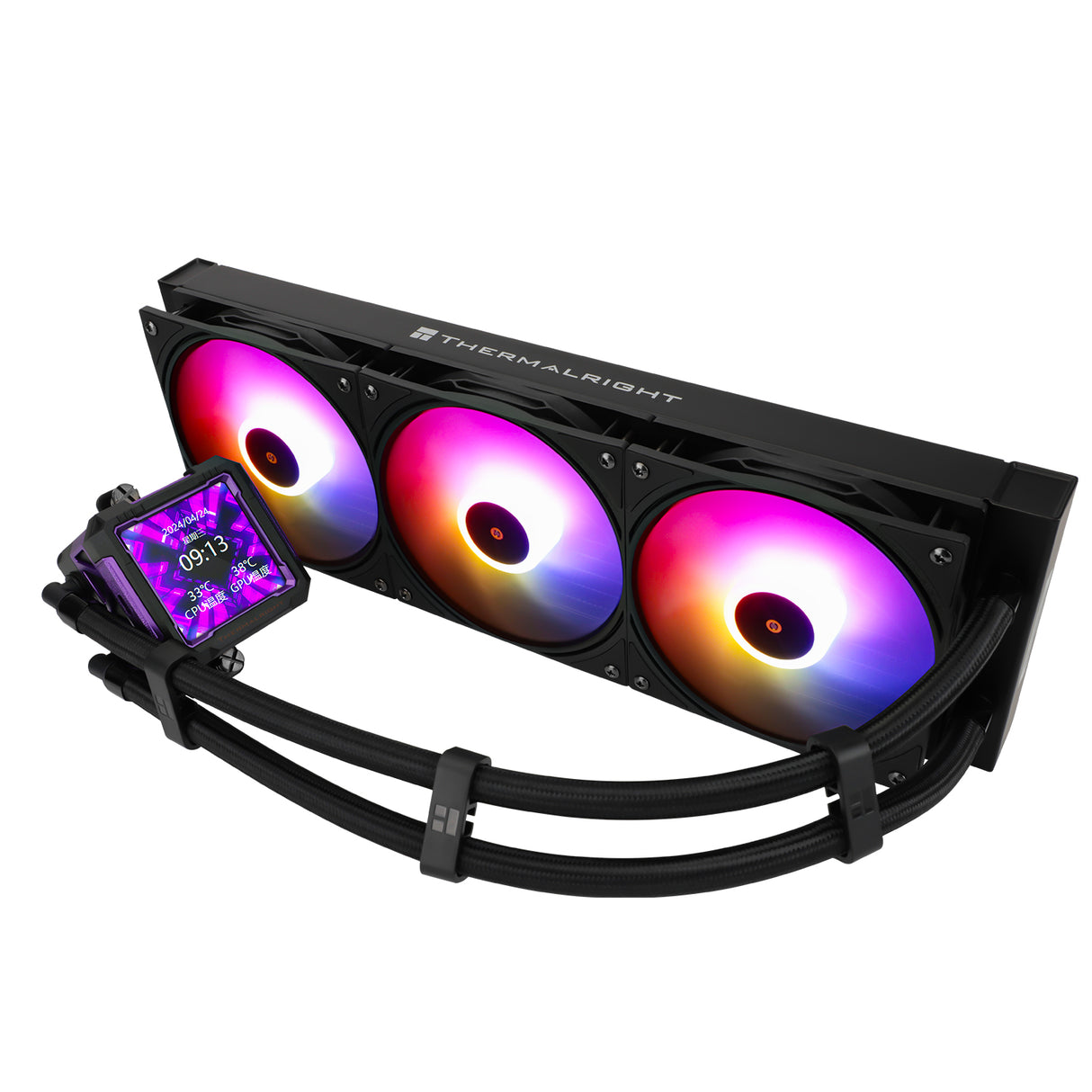 مبرد سائل وحدة المعالجة المركزية Thermalright Hydro Cooling Frozen Warframe PRO 360 BLACK ARGB Black-360mm AIO، شاشة IPS LCD بدقة 320 * 320، متوافق مع AM4/AM5/Intel LGA1700/1851، شاشة LCD ماصة للمغناطيس مقاس 2.73 بوصة للصور