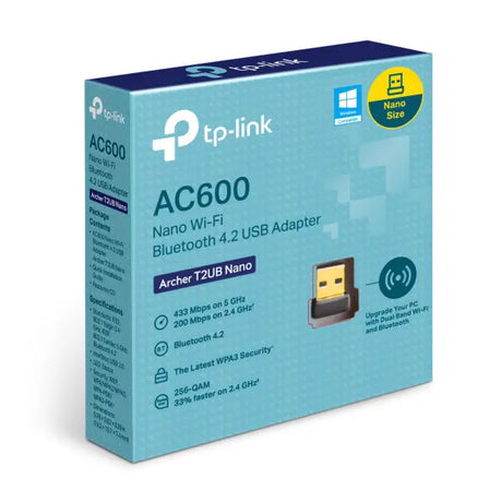 TP-Link AC600 Nano Wi-Fi Bluetooth 4.2 USB Adapter packaging on a white background