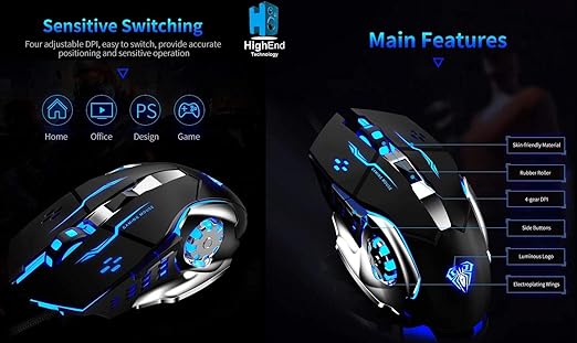 AULA S20 USB Wired Gaming Mouse Programmable Optical Ergonomic Mouse with Breathing LED Lights for PC Laptop
